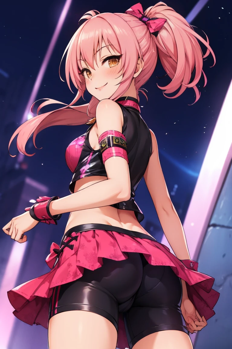 1girl,solo,cowboy shot, aamika, twintails, hair bow, idol clothes, choker, vest, wrist cuffs,, midriff,bike shorts,medium breasts,ass,from back,smile