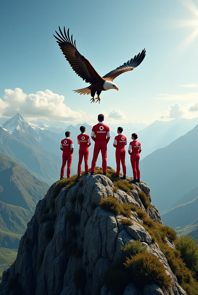 Staffs in Vodafone Red and White logo uniform standing on V Shape on a Mountain overlook to the valley with a eagle flying over the valley with Vodafone Logo
Also include the wording Hagen Roadshow, Vodafone PNG