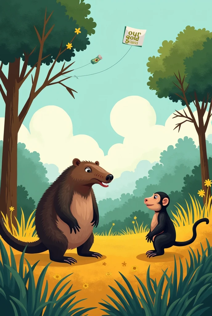 "In a playful and colorful style with touches of magical realism, the wind, represented in a soft and playful way, blows through the trees of the Cerrado, loading part of Tonico's conversation, the giant armadillo (Priodontes maximus), for other forest animals. The words about 'our gold' float in the air, while the monkey tamarin (Callithrix penicillata), curious and restless, hear in the distance, with an expression of surprise and interest. Ao fundo, the Cerrado landscape is vibrant, with pequi trees (Brazilian Caryocar), yellow ipês (Handroanthus serratifolius), and typical vegetation such as goat's beard grass (Andropogon bicornis) and murici bushes (Byrsonima crassifolia). The illustration features vivid, saturated colors, with expressive and detailed characters, inserted in a simplified natural environment, but charming, creating an immersive and magical scene for the audience ."