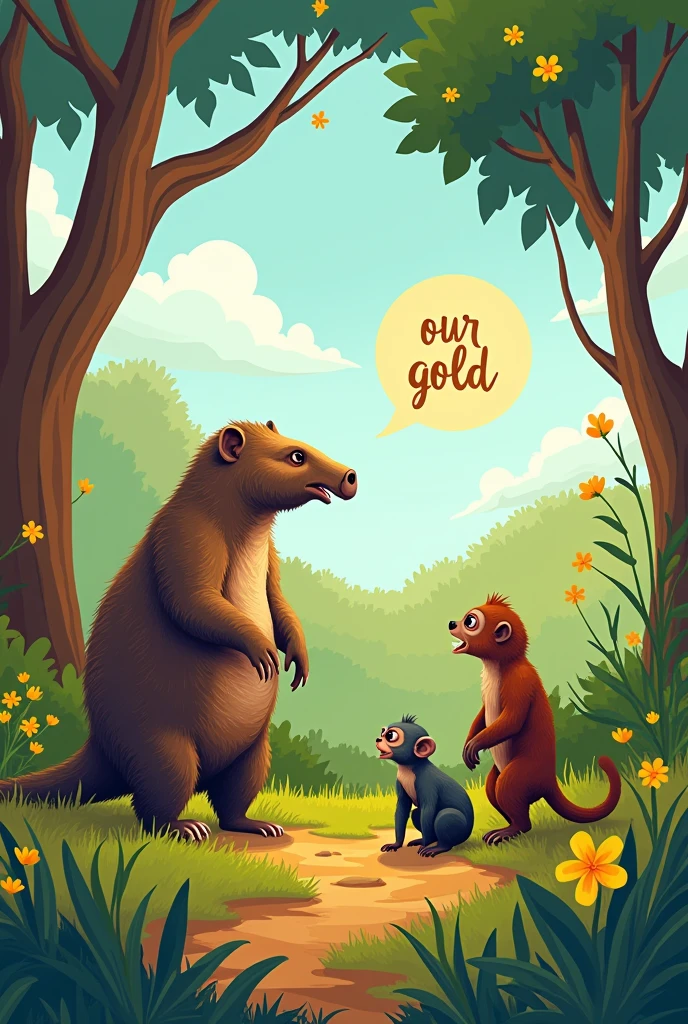 "In a playful and colorful style with touches of magical realism, the wind, represented in a soft and playful way, blows through the trees of the Cerrado, loading part of Tonico's conversation, the giant armadillo (Priodontes maximus), for other forest animals. The words about 'our gold' float in the air, while the monkey tamarin (Callithrix penicillata), curious and restless, hear in the distance, with an expression of surprise and interest. Ao fundo, the Cerrado landscape is vibrant, with pequi trees (Brazilian Caryocar), yellow ipês (Handroanthus serratifolius), and typical vegetation such as goat's beard grass (Andropogon bicornis) and murici bushes (Byrsonima crassifolia). The illustration features vivid, saturated colors, with expressive and detailed characters, inserted in a simplified natural environment, but charming, creating an immersive and magical scene for the audience ."
