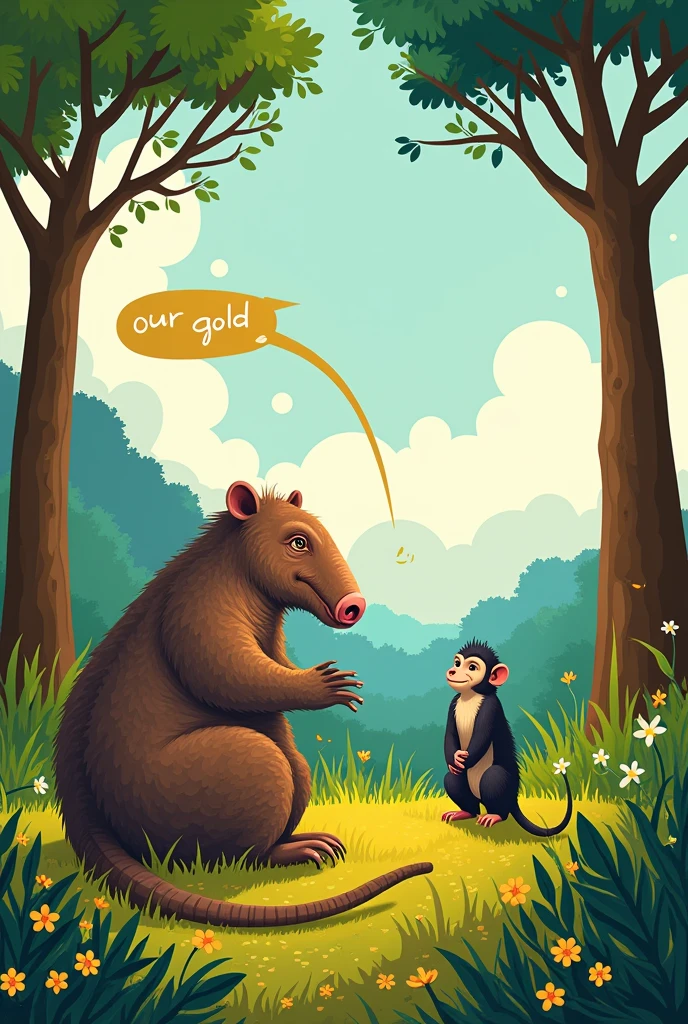 "In a playful and colorful style with touches of magical realism, the wind, represented in a soft and playful way, blows through the trees of the Cerrado, loading part of Tonico&#39;s conversation, the giant armadillo (Priodontes maximus), for other forest animals. The words about &#39;our gold&#39; float in the air, while the monkey tamarin (Callithrix penicillata), curious and restless, hear in the distance, with an expression of surprise and interest. Ao fundo, the Cerrado landscape is vibrant, with pequi trees (Brazilian Caryocar), yellow ipês (Handroanthus serratifolius), and typical vegetation such as goat&#39;s beard grass (Andropogon bicornis) and murici bushes (Byrsonima crassifolia). The illustration features vivid, saturated colors, with expressive and detailed characters, inserted in a simplified natural environment, but charming, creating an immersive and magical scene for the audience ."