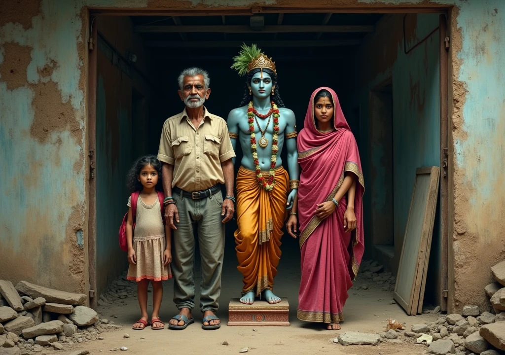  depicting a poor 4 rickshaw puller who is a devoted Krishna follower. He is wearing an old, worn-out shirt and pants. His wife stands next to him, dressed in an old, dirty saree. Their daughter, ready for school, stands beside them with a school bag on her shoulder. In the middle of this family scene, a statue of Krishna is placed prominently, symbolizing their devotion. The family is standing inside their old, dilapidated house, with signs of wear and tear, and the Krishna statue serving as the focal point among them. 