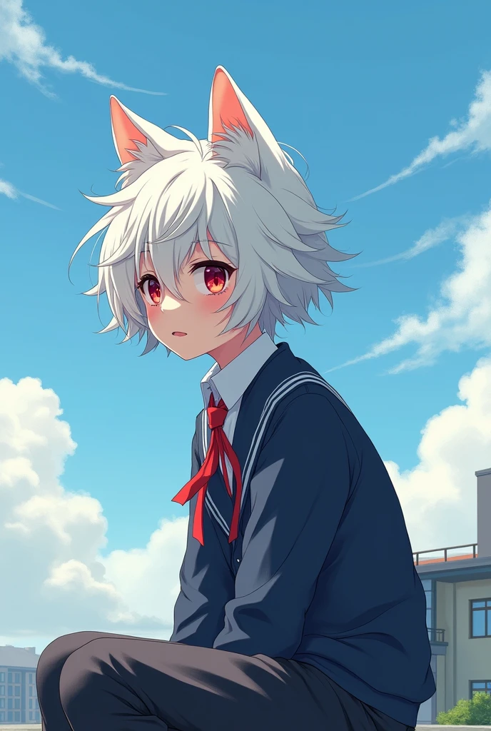 A boy with short white hair, with dark red eyes, He is cute, by tez clara, with wolf ears, He is , He is wearing a high school uniform and sitting on the roof of the school. It is very windy and it is noticeable in his hair. 