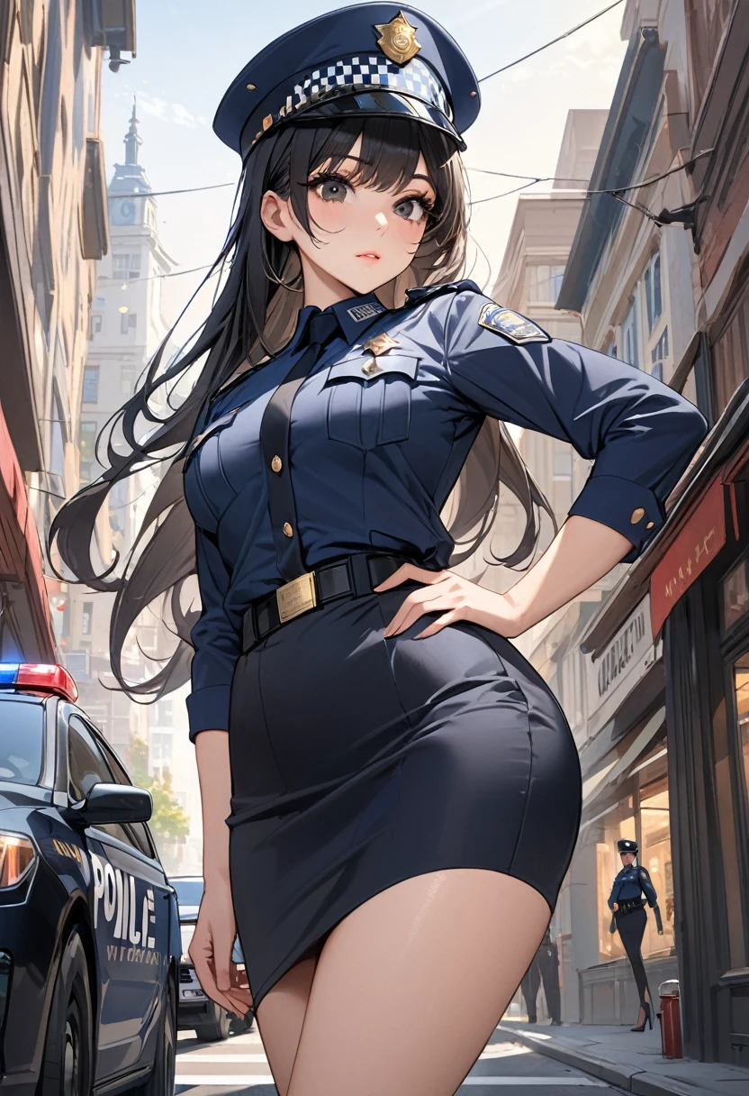 ((best quality)), ((Masterpiece)), (details), 1 woman, Medium bust, black hair, black eyes, ((long hair, buns)), Bangs , curve, beautiful face, Beautiful skin , Long eyelashes, Thick eyelashes, address in city, Female police officer ,hat,uniform , Pencil skirt,high-heels