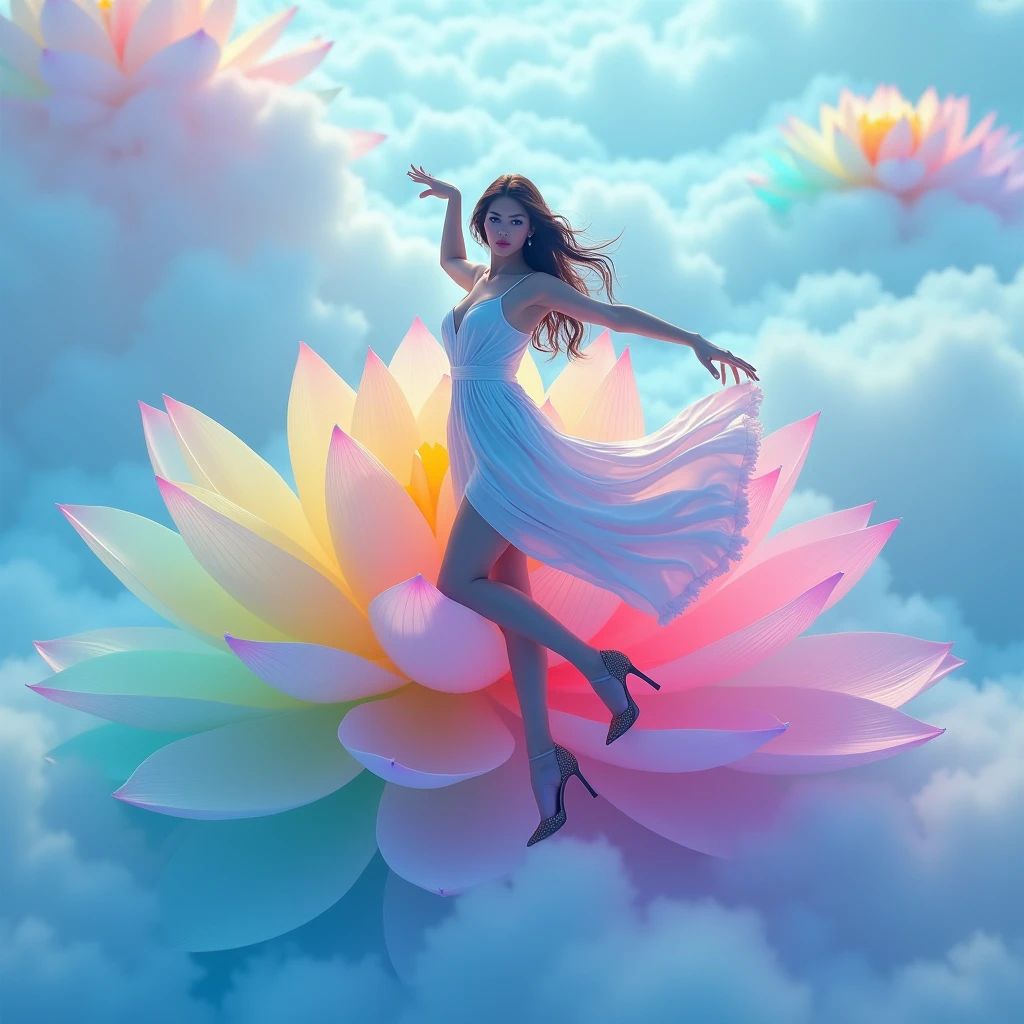 Running on blue clouds, background color pale lilac lilac Mix of rainbow smoke and fog effects from colored pale blue fog on the ground and petals). Extravagant, beautiful woman full length, nice legs, shoes, in a fast dance in a flying pose, (Ultra detailed face, hyperrealistic) posing Giant Rainbow Lotus , center of rainbow in photo, woman looking at viewer, разрешение 8 K, masterpiece, top quality, the skirt flutters strongly in the wind,  8 K,12K,