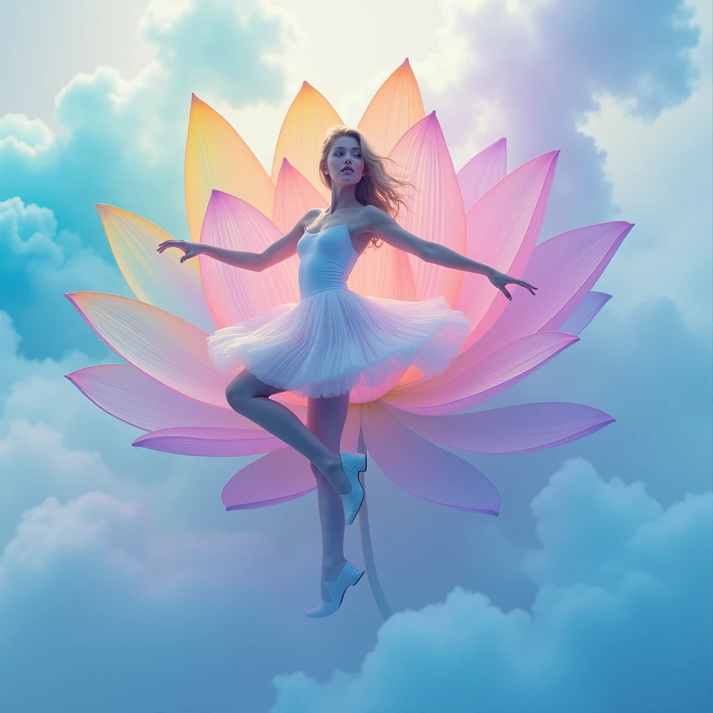 Running on blue clouds, background color pale lilac lilac Mix of rainbow smoke and fog effects from colored pale blue fog on the ground and petals). Extravagant, beautiful woman full length, nice legs, shoes, in a fast dance in a flying pose, (Ultra detailed face, hyperrealistic) posing Giant Rainbow Lotus , center of rainbow in photo, woman looking at viewer, разрешение 8 K, masterpiece, top quality, the skirt flutters strongly in the wind, 8 K,12K,