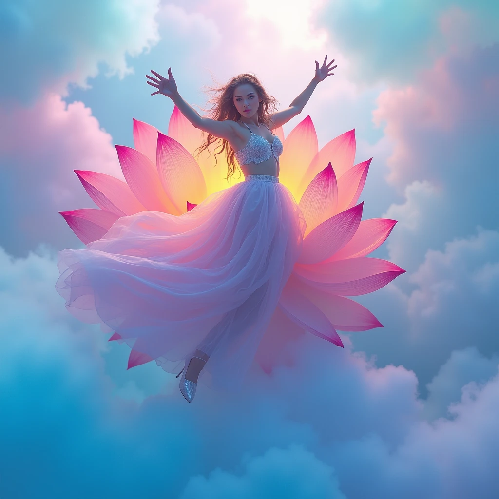 Running on blue clouds, background color pale lilac lilac Mix of rainbow smoke and fog effects from colored pale blue fog on the ground and petals). Extravagant, beautiful woman full length, nice legs, shoes, in a fast dance in a flying pose, (Ultra detailed face, hyperrealistic) posing Giant Rainbow Lotus , center of rainbow in photo, woman looking at viewer, разрешение 8 K, masterpiece, top quality, the skirt flutters strongly in the wind, 8 K,12K,