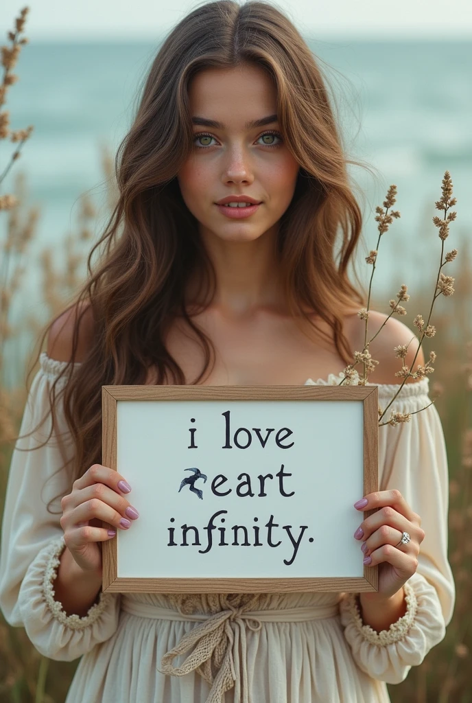 Beautiful girl with wavy long hair, bohemian dress, holding a white board with text "I Love Seaart Infinity" and showing it to the viewer