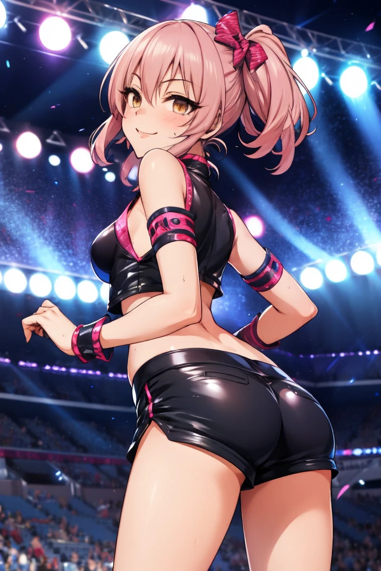 1girl,solo,cowboy shot, aamika, twintails, hair bow, idol clothes, choker, vest, wrist cuffs,, thigh,,smile, shorts,medium breasts,ass,from back