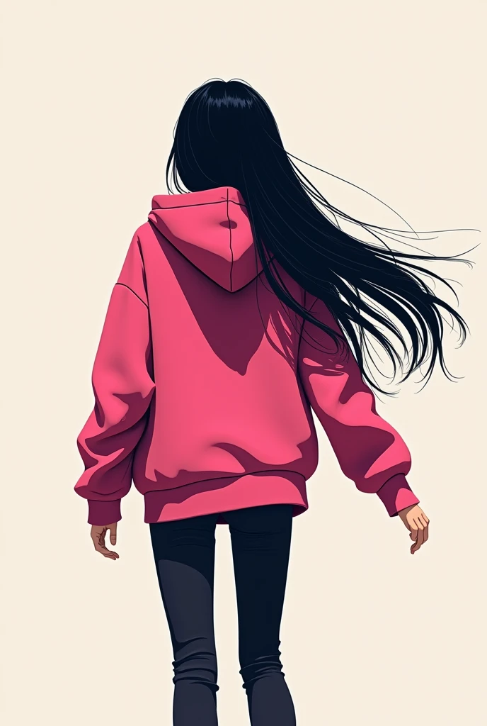 Une jeune fille très fine de dos avec une veste à capuche rose. C'est long cheveux noirs, tombant, jusqu'en bas du dos dans un style graphique. Bande dessinée 2D la veste à capuche doit être mis en avant. Elle doit vraiment être dodo face à l'image avec un long pantalon noir, ses cheveux doivent avoir l'air de voler au vent