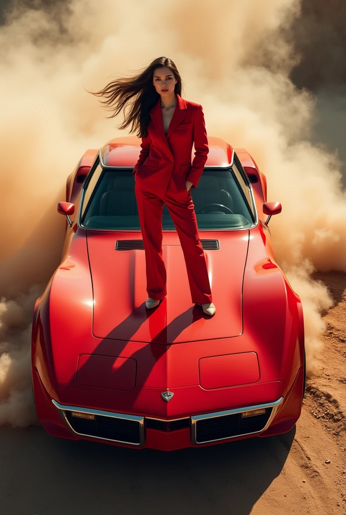 (RAW photo, realistic photo, high quality, masterpiece), car photography, focus on red car , beautiful woman standing on the car roof, red uniform, dust and smoke, flying hair, top view, look at viewer