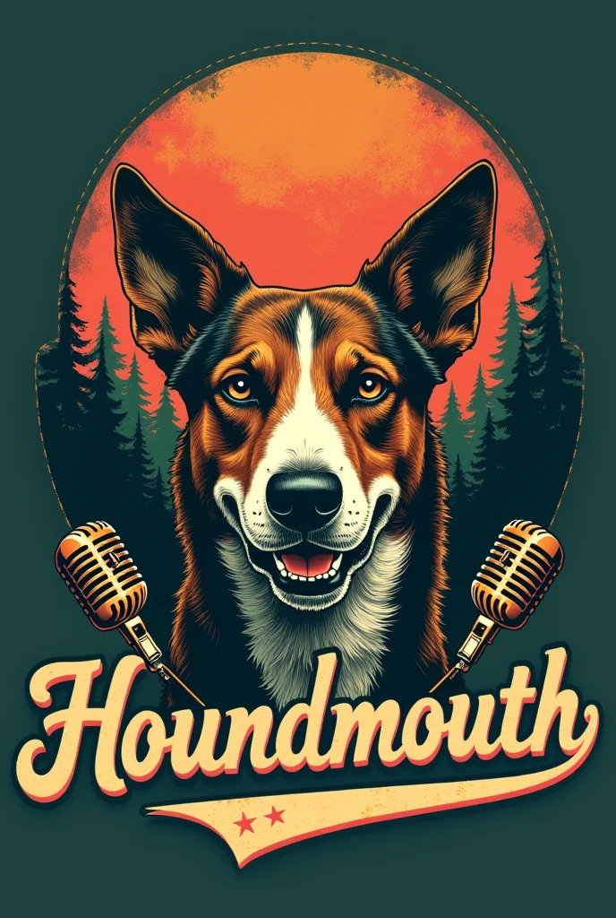 {
"prompt": "Design a t-shirt logo for the band 'Houndmouth'. Include a central image of a hound dog's face in a bold, hand-drawn style with a friendly but edgy expression. Use a retro, bold script font for the band's name 'Houndmouth' that curves around the dog's face, with a slightly distressed look. Use earthy tones like deep reds, forest greens, mustard yellows, and add black and white for contrast. Incorporate subtle musical elements, like a vintage microphone or guitar silhouette, intertwined with the dog's design to emphasize the band's musical identity.",
"size": "1024x1024"
}