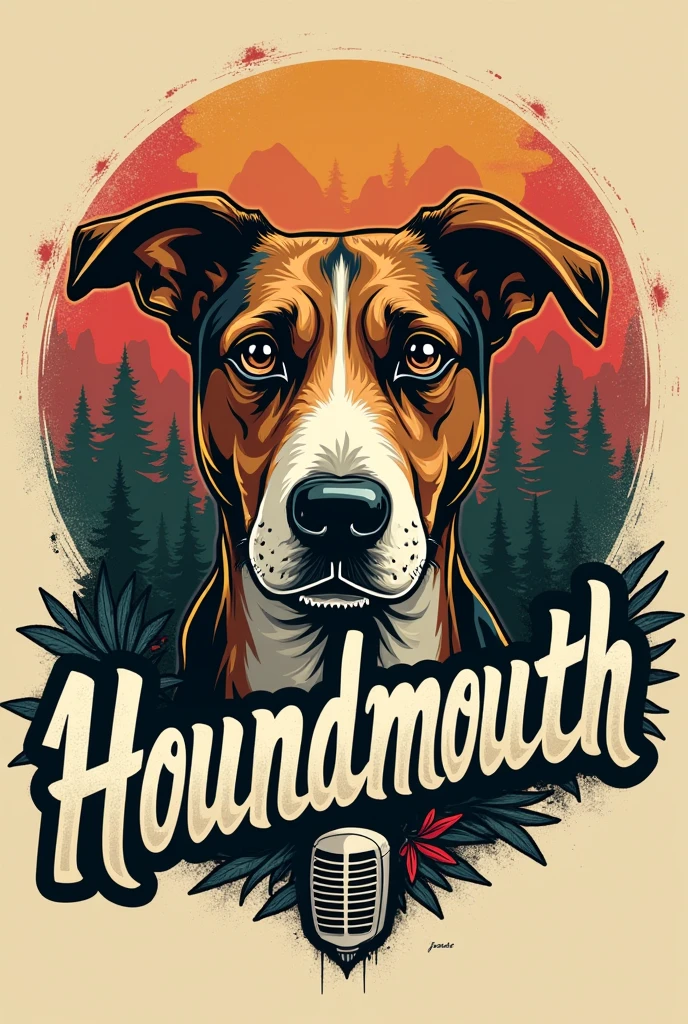 {
"prompt": "Design a t-shirt logo for the band 'Houndmouth'. Include a central image of a hound dog's face in a bold, hand-drawn style with a friendly but edgy expression. Use a retro, bold script font for the band's name 'Houndmouth' that curves around the dog's face, with a slightly distressed look. Use earthy tones like deep reds, forest greens, mustard yellows, and add black and white for contrast. Incorporate subtle musical elements, like a vintage microphone or guitar silhouette, intertwined with the dog's design to emphasize the band's musical identity.",
"size": "1024x1024"
}