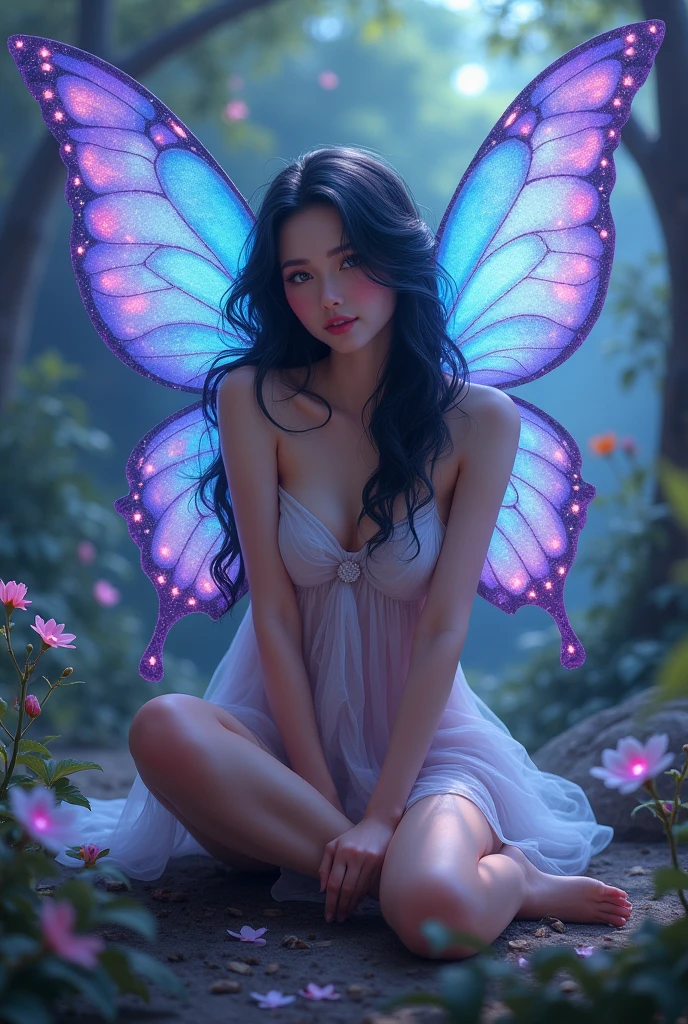 A slender fairy with blue and purple butterfly wings, black hair and pink eyes