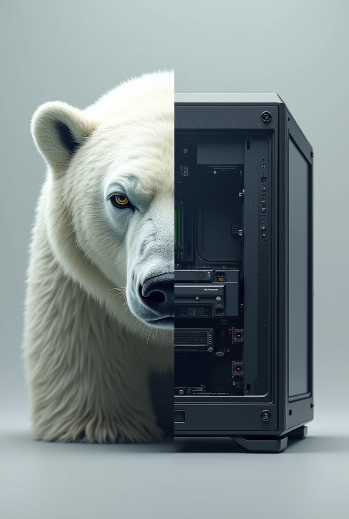 logo de empresa :Polar bear with a gaming pc polar bear face and gaming pc of the same size, realist art