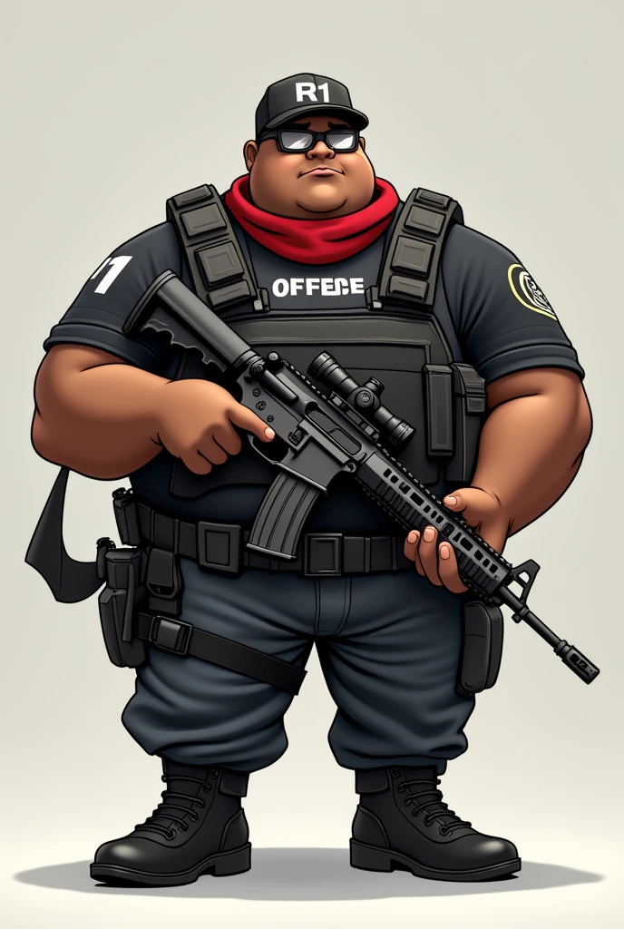 Overweight dark-skinned animated cartoon character with bulletproof vest saying FM, an AR15, black cap that says R1, black shirt PROSECUTOR'S OFFICE, black pantaloon, tactical boots and red scarf around the neck, with glasses