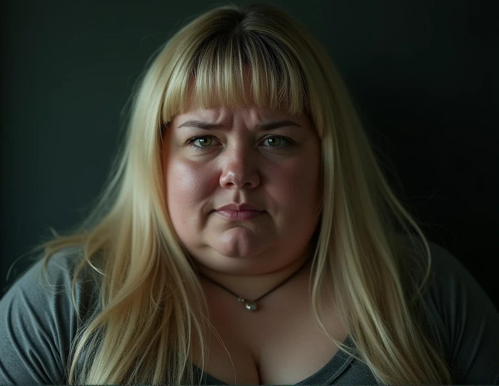 Woman with grade III morbid obesity, standing, with blond hair, hair over her shoulders, parted bangs, crying with her eyes open, eyes watery, tears, sigh, tearing, melancholy (expression), Social realism, Realism, Expressionism, depth of field, cinematic lighting, brightness, image fill, social media composition, symmetry, multiple views, close-up, precise, superdetail, best quality, 4K
