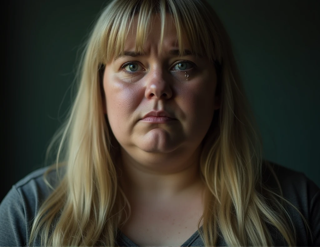 Woman with grade III morbid obesity, standing, with blond hair, hair over her shoulders, parted bangs, crying with her eyes open, eyes watery, tears, sigh, tearing, melancholy (expression), Social realism, Realism, Expressionism, depth of field, cinematic lighting, brightness, image fill, social media composition, symmetry, multiple views, close-up, precise, superdetail, best quality, 4K