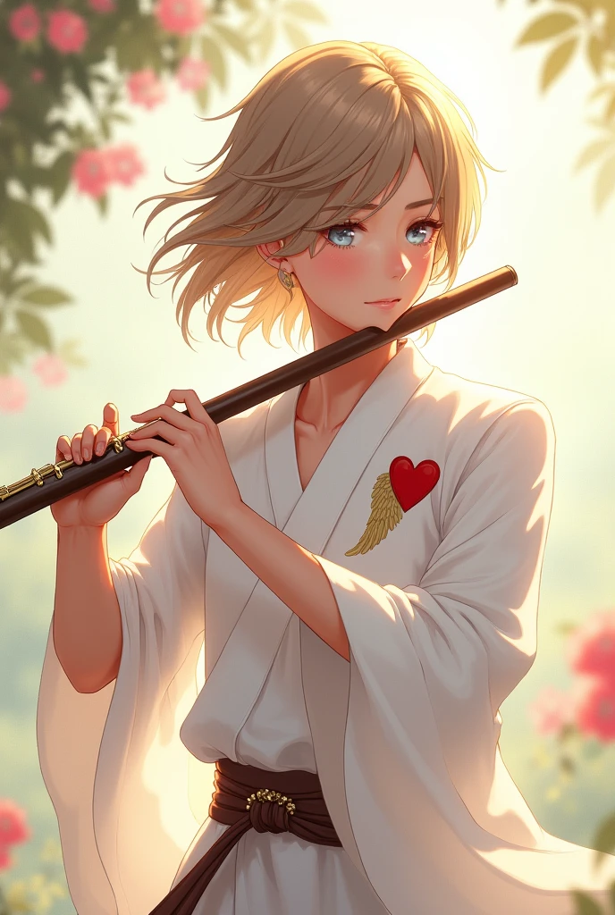 a young half-elf man with delicate features and shoulder-length light brown hair wearing white robes with a winged red heart symbol on his chest, playing the flute anime style