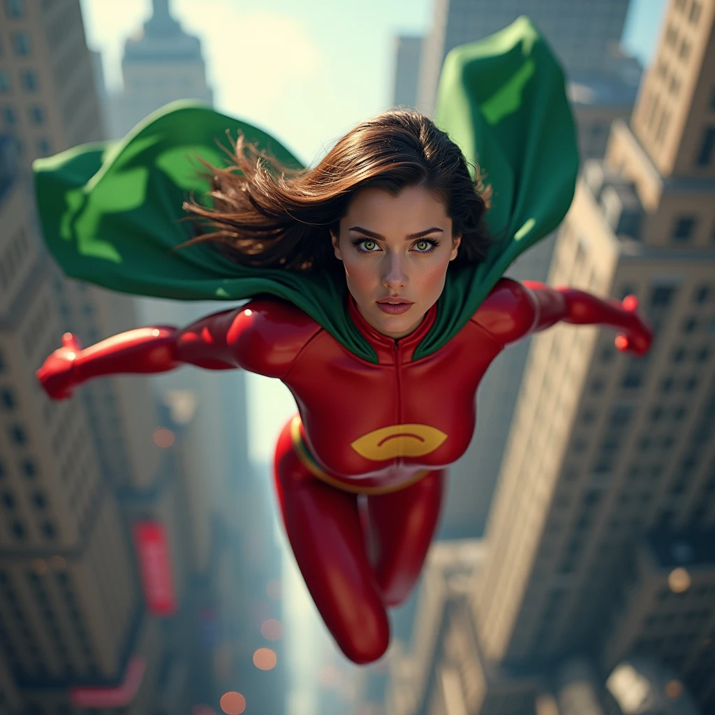 A brunette superheroine with very green eyes, great muscles, She has a very tight red lycra suit and a green cape, is flying between some buildings in New York,