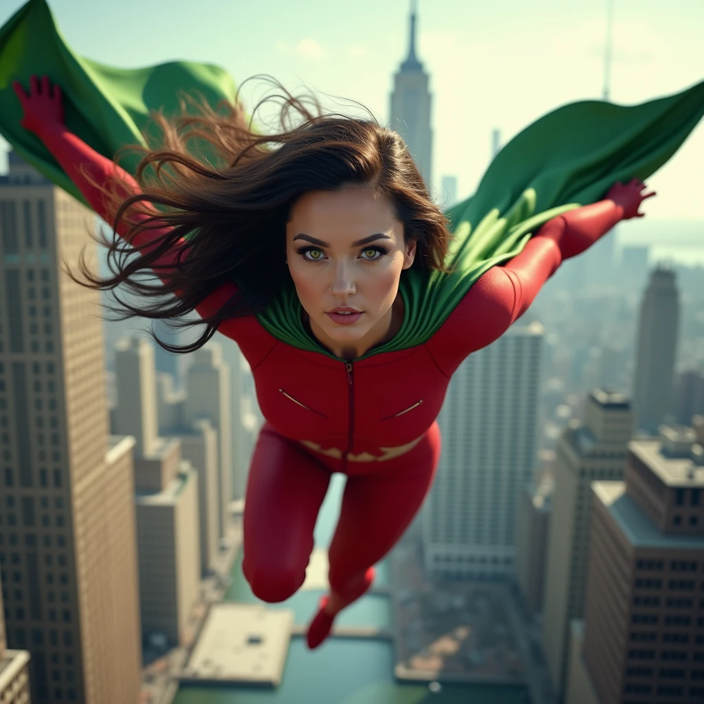 A brunette superheroine with very green eyes, great muscles, She has a very tight red lycra suit and a green cape, is flying between some buildings in New York,