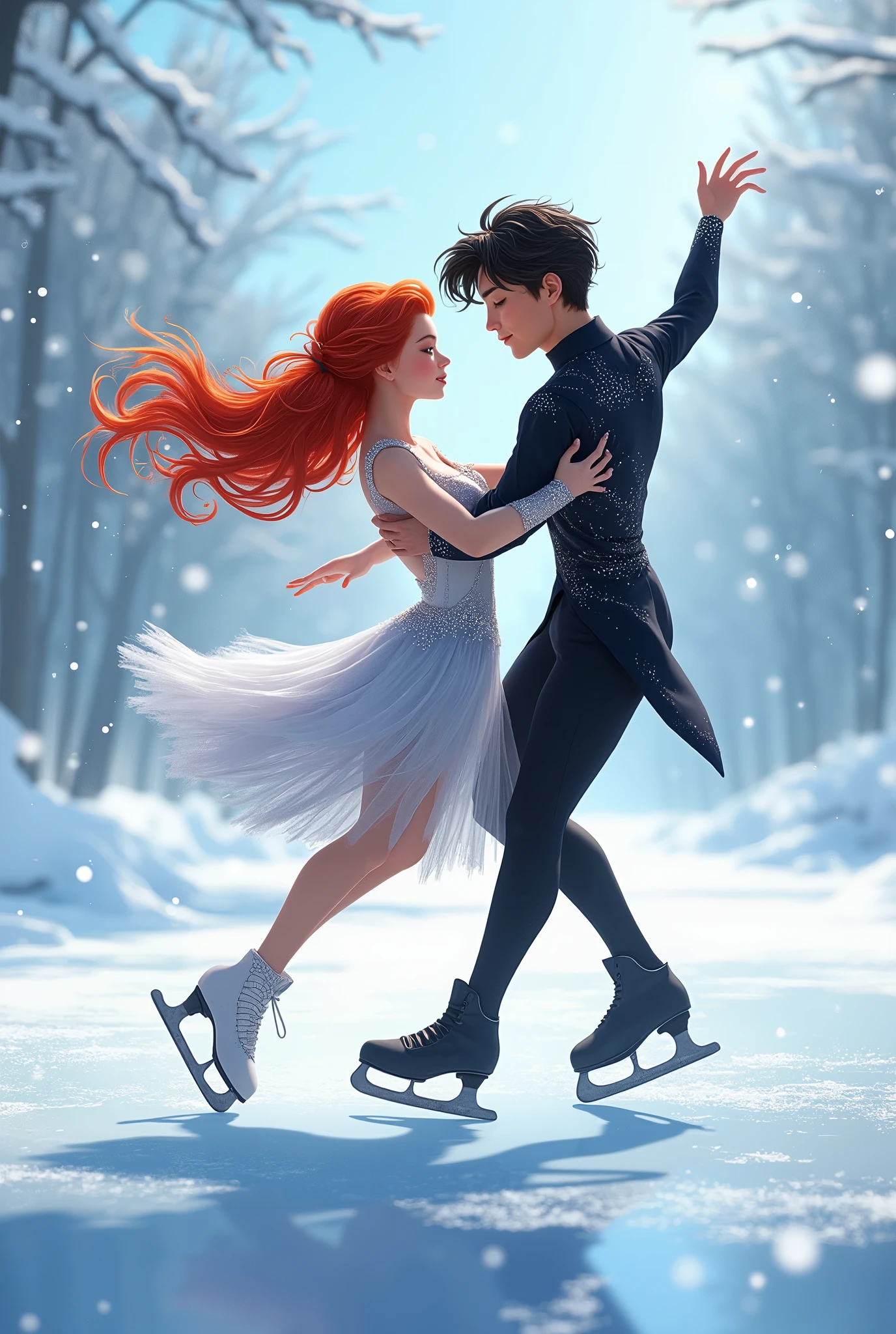 Create a pair of ice skaters, a red-haired girl and a black-haired boy