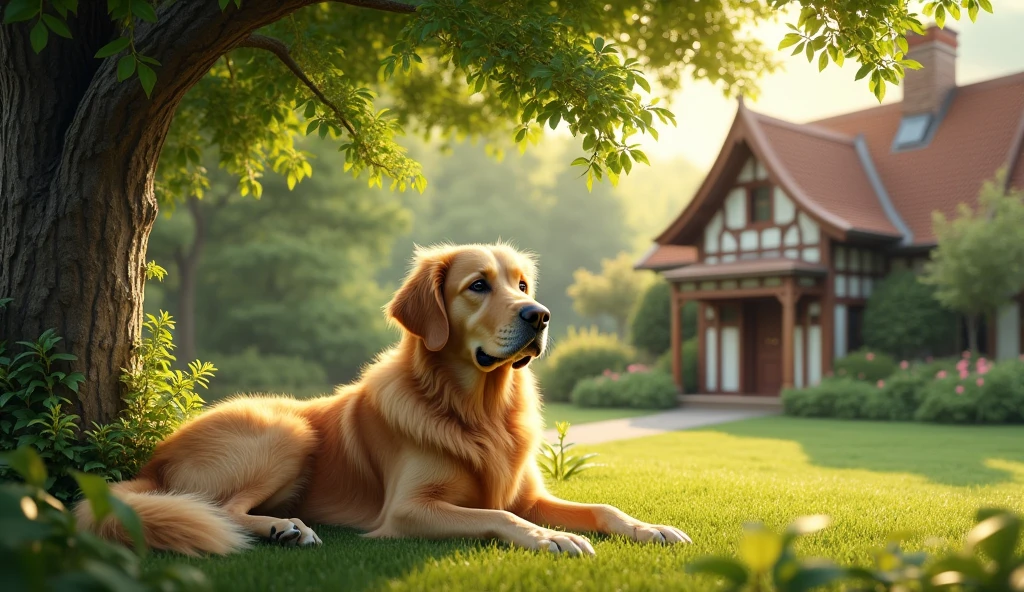 Golden dog under a tree near a house