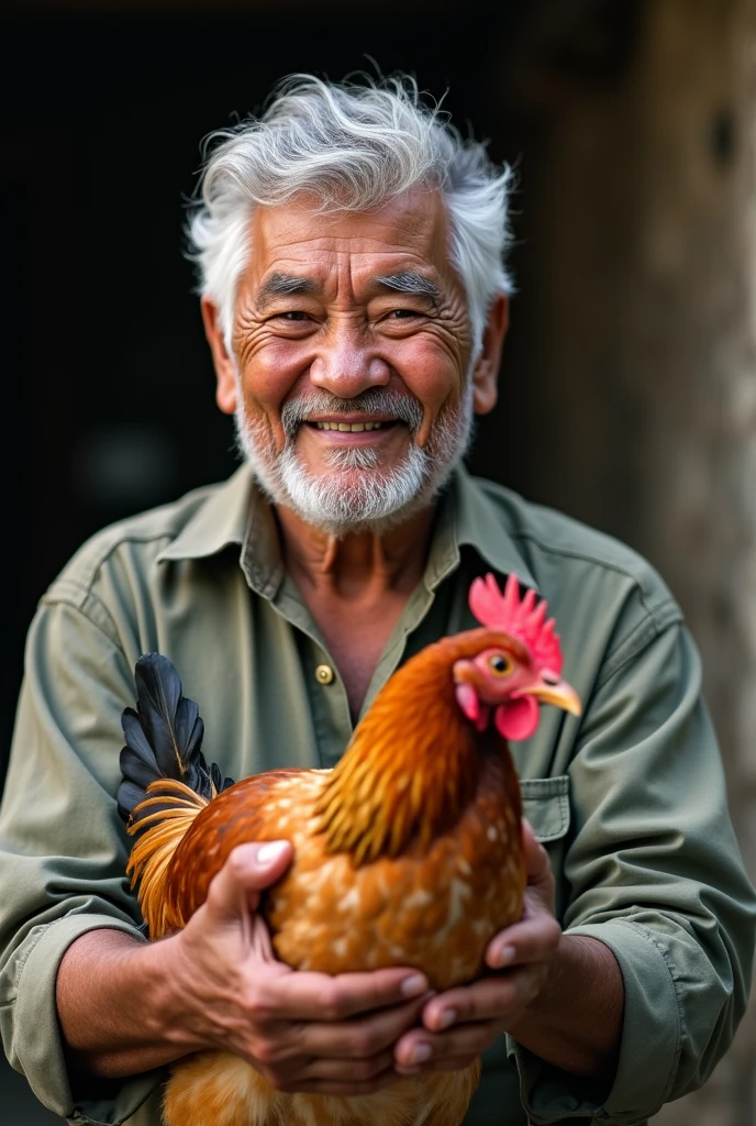 a 60 year old man holding a chicken with the message "Come and discover the solar energy solutions from the largest company in Latin America"