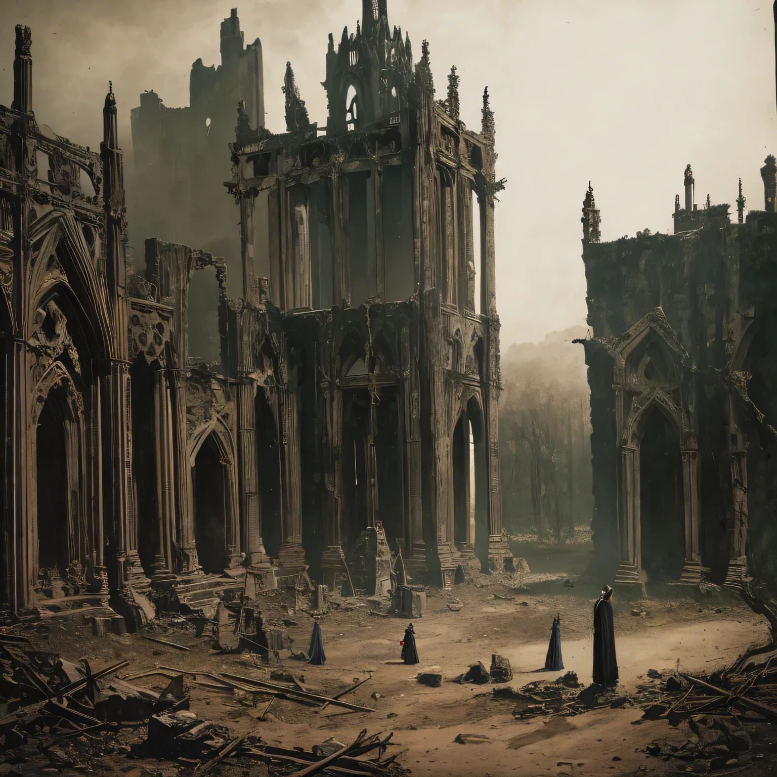 An eerie gothic scene featuring a cloaked skeletal figure standing tall within a crumbling, ancient archway. The figure, draped in tattered robes, grips a long, decaying staff. The entire frame is overwhelmed with thick spider webs, creeping across the skeletal figure and the surrounding stonework, blending them into the dilapidated structure. Intricate gothic carvings and broken statues are partially visible through the layers of dust and webs. The lighting is dim, casting long shadows, while bats fly ominously in the distant background, amplifying the dark and mysterious atmosphere