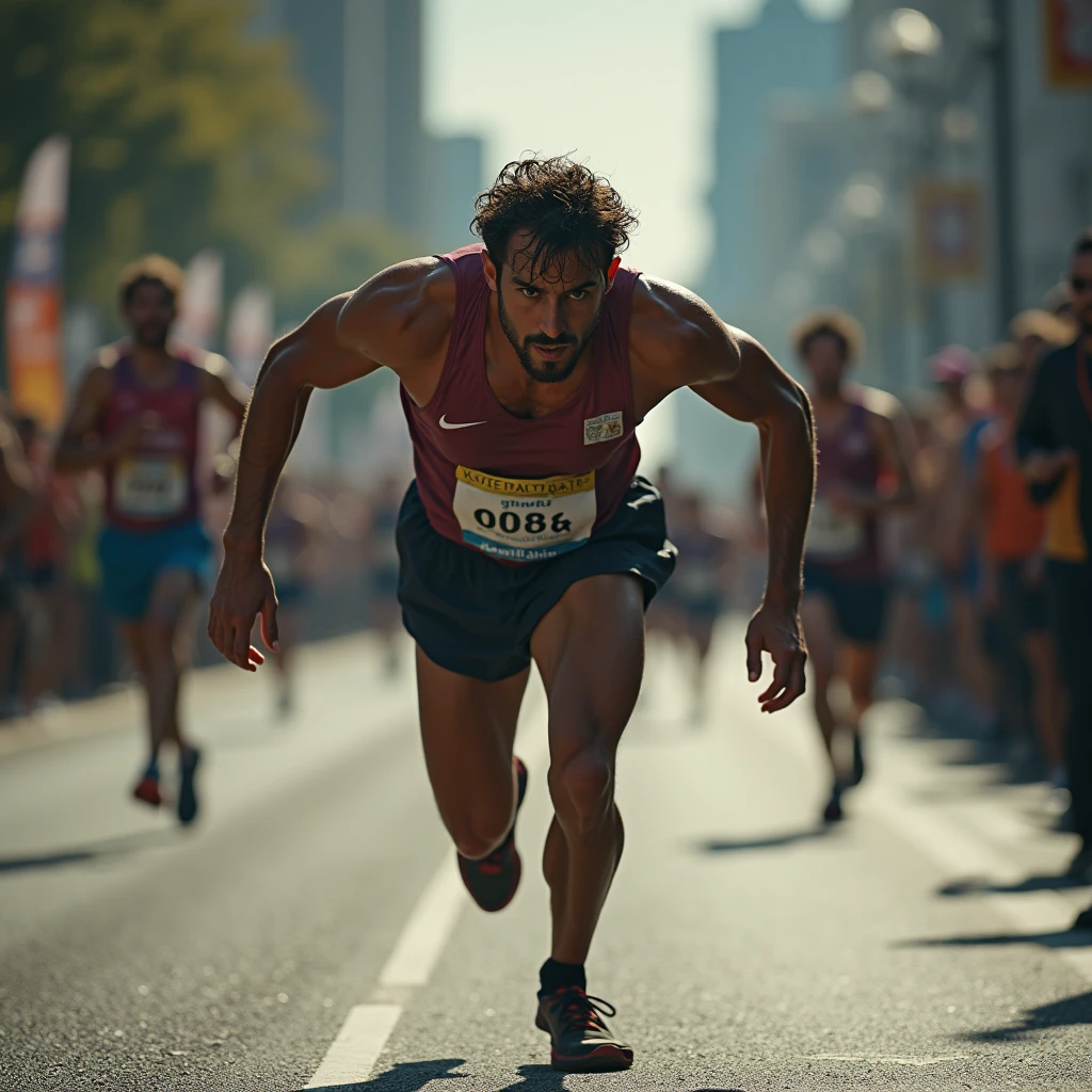 A person running a marathon, their legs heavy and their lungs burning. The person is tempted to give up, but they remember the words of Christ. With renewed strength, the person pushes forward, determined to finish the race.