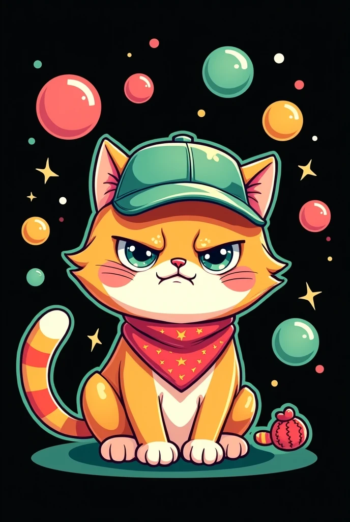 Cute thick grumpy face Cat with Basecap, Cartoon,bubbles,bandana,empty black Background,Green outlines
