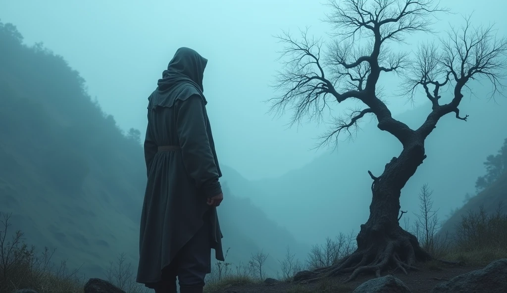 A man wearing a tattered cloak stands beside a gnarled, dead tree, overlooking a misty, blue-hued valley.