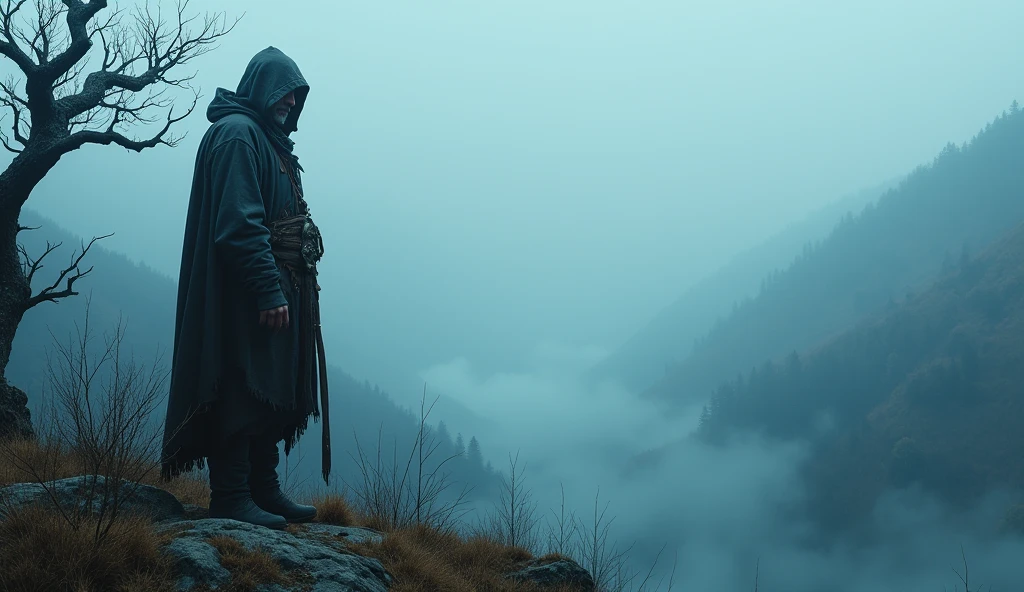 A man wearing a tattered cloak stands beside a gnarled, dead tree, overlooking a misty, blue-hued valley.