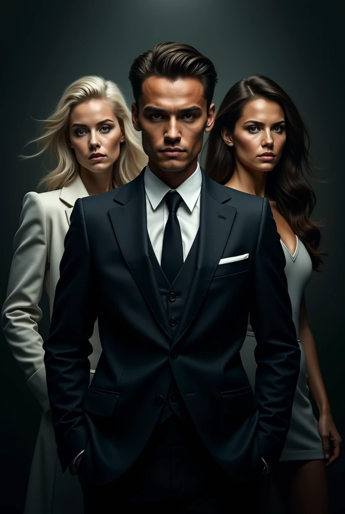 Create a cover for a thriller movie with 3 characters, a young brown man in a suit and two women, being a white and a brunette.