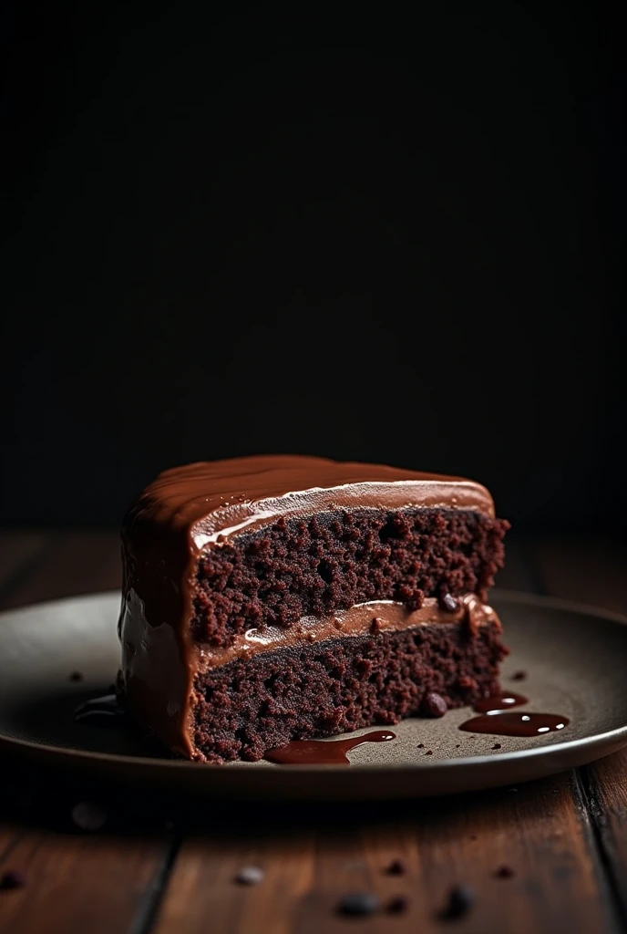 cinematic film still chocolate, chocolate cake, dark background, quality photo, moist texture, frosting, studio photo, slice . shallow depth of field, vignette, highly detailed, high budget, bokeh, cinemascope, moody, epic, gorgeous, film grain, grainy