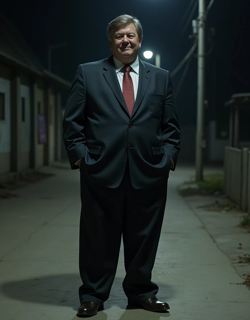an amateur wearing a cheap suit. the suit is big and uncomfortable. the man has a slight smile of embarrassment. It's night, the environment is dark and empty.