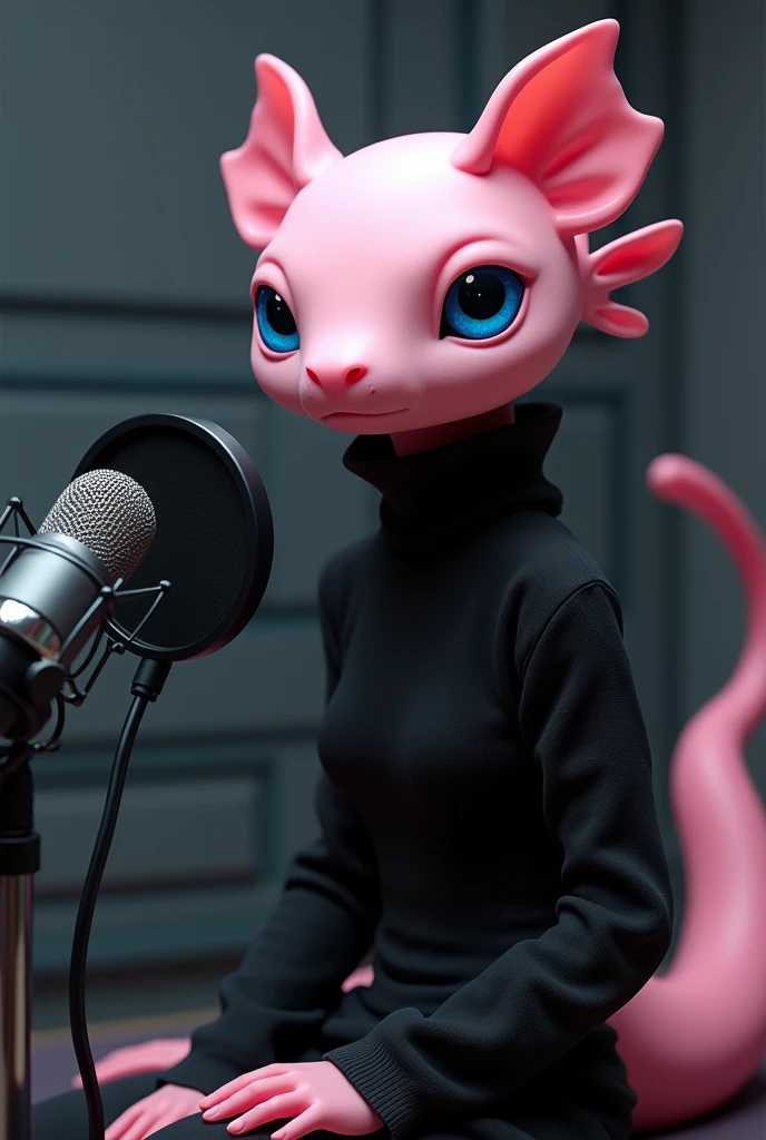 create a humanoid pink axolotl female with blue eye, black designer clothes,in a podcast talking