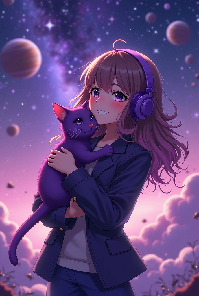Woman in the middle of the universe, Woman listeling to music, Woman with purple headphones, Woman wearing jacket, Woman with weavy hair, Woman happy, Woman hugging a cute cosmic purple cat, Purple sky, purple planets, purple Stars, purple galaxies, Realistic anime style