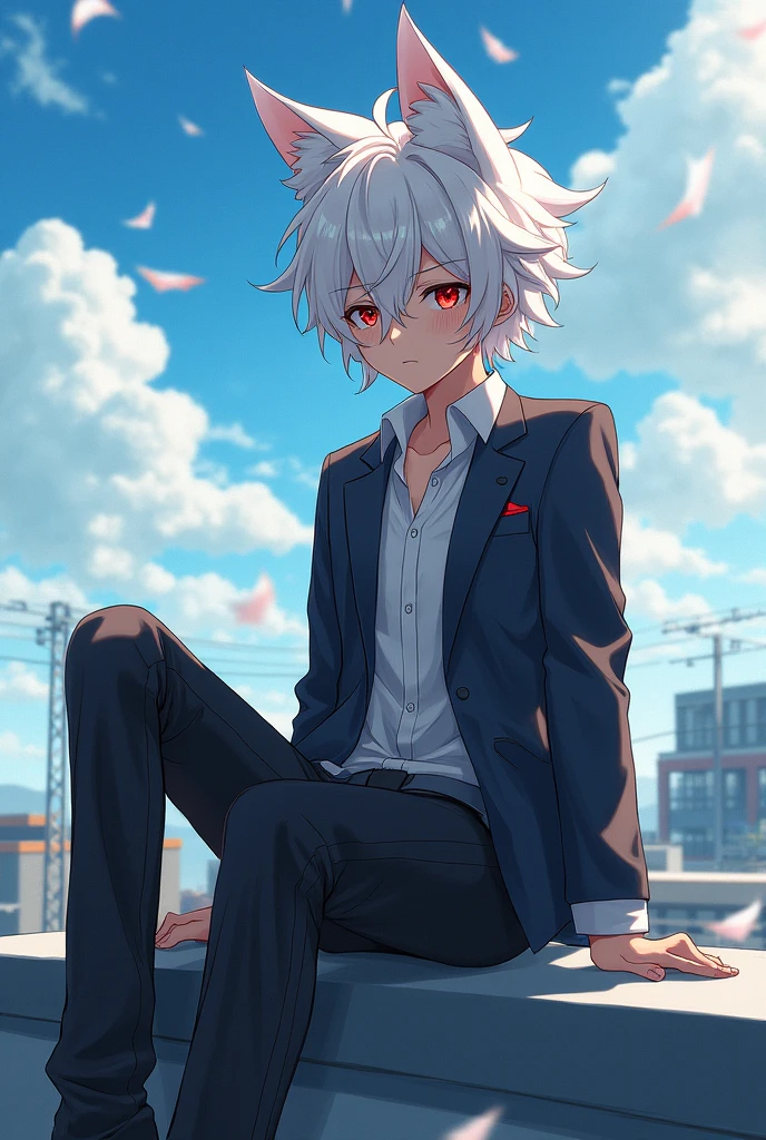 A boy with short white hair, with red eyes , by tez clara, with wolf ears, He is , He is wearing a high school uniform and sitting on the roof of the school. It is very windy and it is noticeable in his hair.