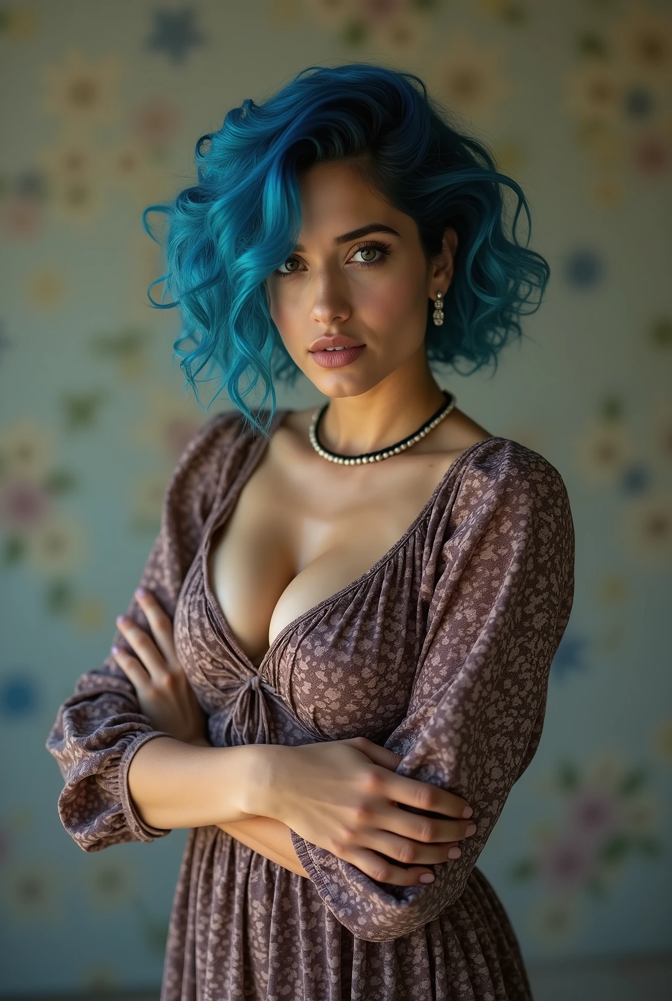 Full body of a Syrian WOMAN, short blue curly hair, multiple hair style, flowy dress with long sleeves, big fit ass , eyes look happy, looking ahead at viewer, natural skin texture, 24mm, textures 4k, bright cinematic light, CRU photo, fotorrealism, photorrealistic, intrikate, chic, highy detailed, sharp focus, ((((((cinematic appearance)))), soft shades, insane details, intrikate details, hyperdetailed, low-contrast, soft cinematic light, shiny colors, Exposure Mixing, HDR, front view angle, full body from head to toe, pushing breasts up in kneeling pose , wearing choker,