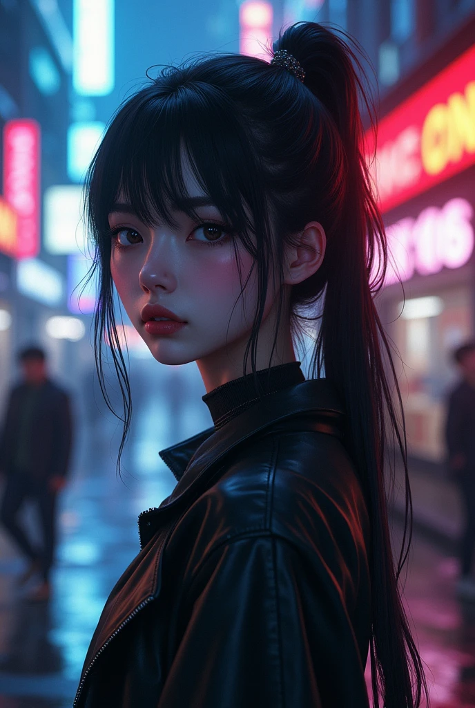 (masterpiece, high quality, highres,illustration), 1girl, galaxy multicolored hair in New york city at night with orange fog, cybercity,