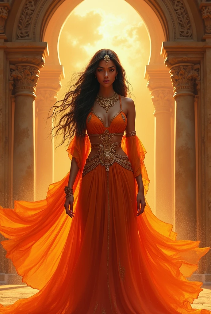 Goddess Sita,fiery dress,ancient look,fiery background,ancient royal palace background