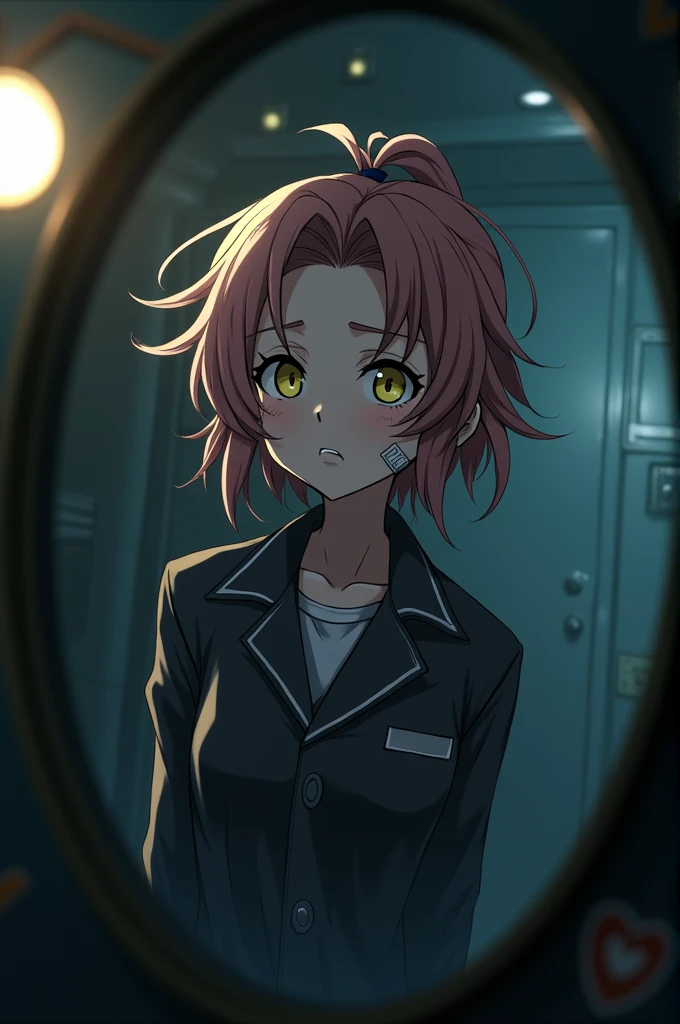 (Barotrauma) Style: 2D anime image with high quality. Character: young guy, fair skin, left side of hair light, right side of hair dark pink. Hair wavy and quite long, hair gathered into a shaggy Short length ponytail, yellow eyes and wide eyebrows, a bandage on his cheek. Emotion: irritation. Clothing: uniform of a submarine officer from the Barotrauma game universe. Background: Inside a submarine. Details: sloppy appearance, dirty clothes. Angle: far from the character, characters looking over the shoulder. Lighting: only one dim lamp, dim lighting. 