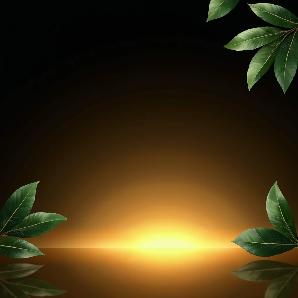 "Create a luxurious background with a gradient transitioning smoothly from deep black at the top to rich gold at the bottom. Position glossy green leaves in the upper left corner and in the bottom right corner, where the gold is more prominent. The gradient should be seamless, with soft lighting to enhance the elegance and realism, making it an ideal setting for showcasing jewelry."