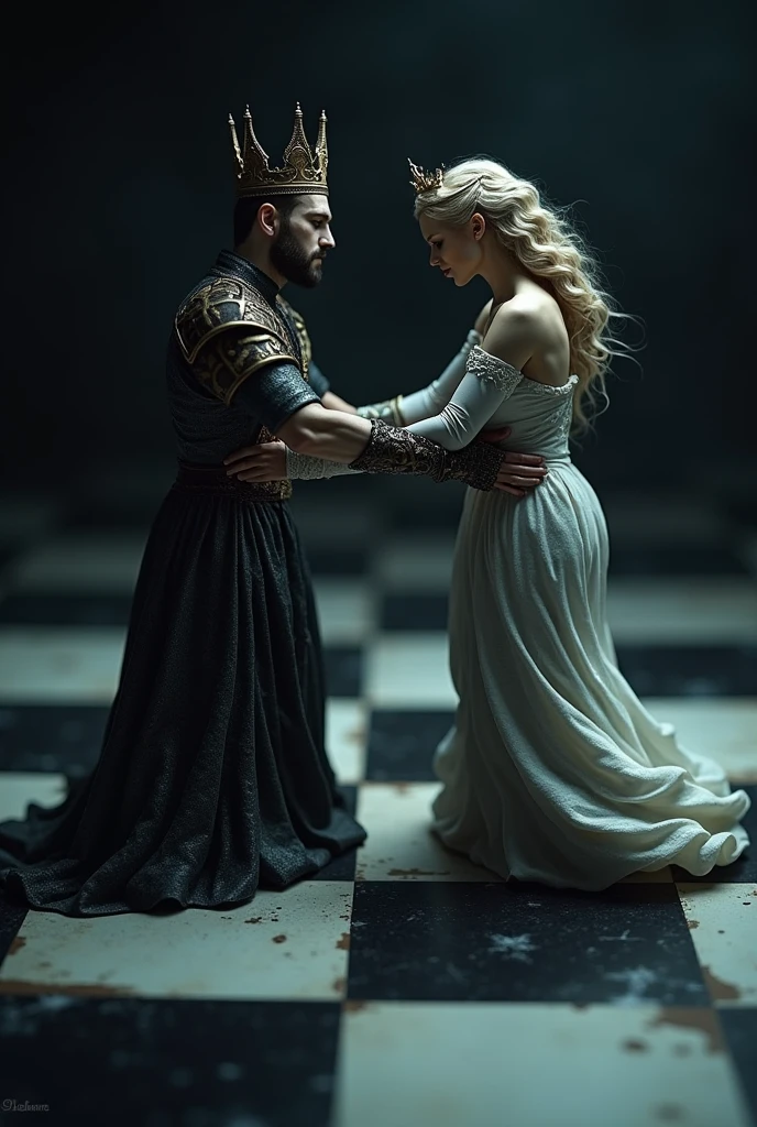 chat gpt, create a chess image, that brings together the queen and the king in a battle, they are intertwined, in X shape