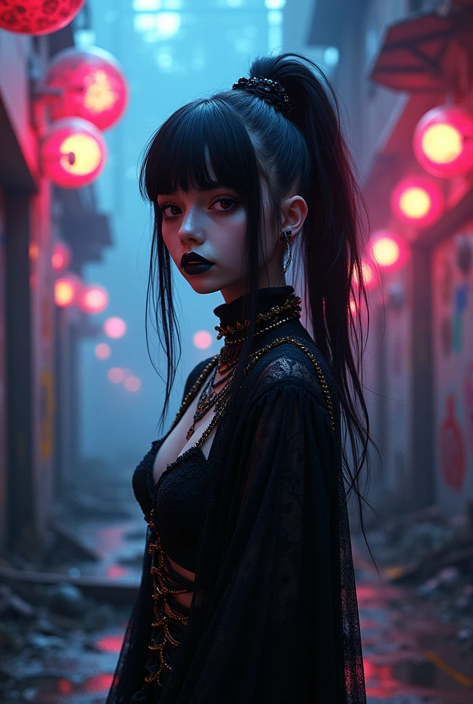 Gothic girl with technical color，Tropical disaster，epcot
(best quality,4k,8k,highres,masterpiece:1.2),ultra-detailed,(realistic,photorealistic,photo-realistic:1.37),vibrant colors,neon lights,futuristic aesthetics,dark atmosphere,gothic style,detailed facial features,glowing eyes,black lipstick,unique fashion style,stunning makeup,urban decay,post-apocalyptic scenery,graffiti-covered walls,ruined buildings,dystopian environment,broken holographic screens,purple and blue tones,harsh industrial lighting,eerie shadows