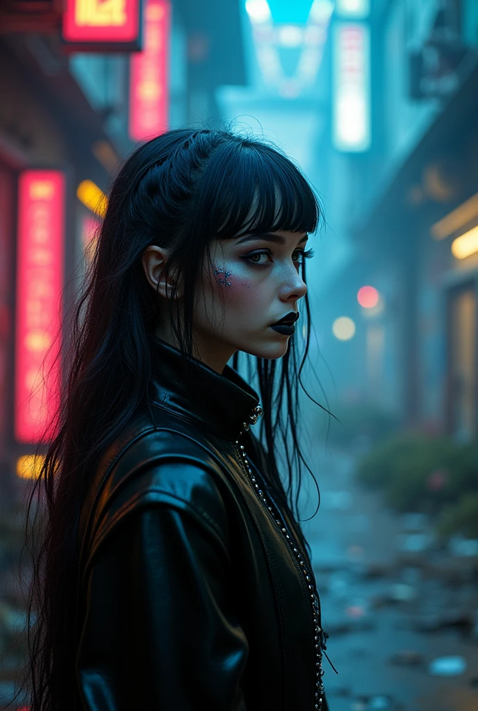 Gothic girl with technical color,Tropical disaster,epcot
(best quality,4k,8k,highres,masterpiece:1.2),ultra-detailed,(realistic,photorealistic,photo-realistic:1.37),vibrant colors,neon lights,futuristic aesthetics,dark atmosphere,gothic style,detailed facial features,glowing eyes,black lipstick,unique fashion style,stunning makeup,urban decay,post-apocalyptic scenery,graffiti-covered walls,ruined buildings,dystopian environment,broken holographic screens,purple and blue tones,harsh industrial lighting,eerie shadows