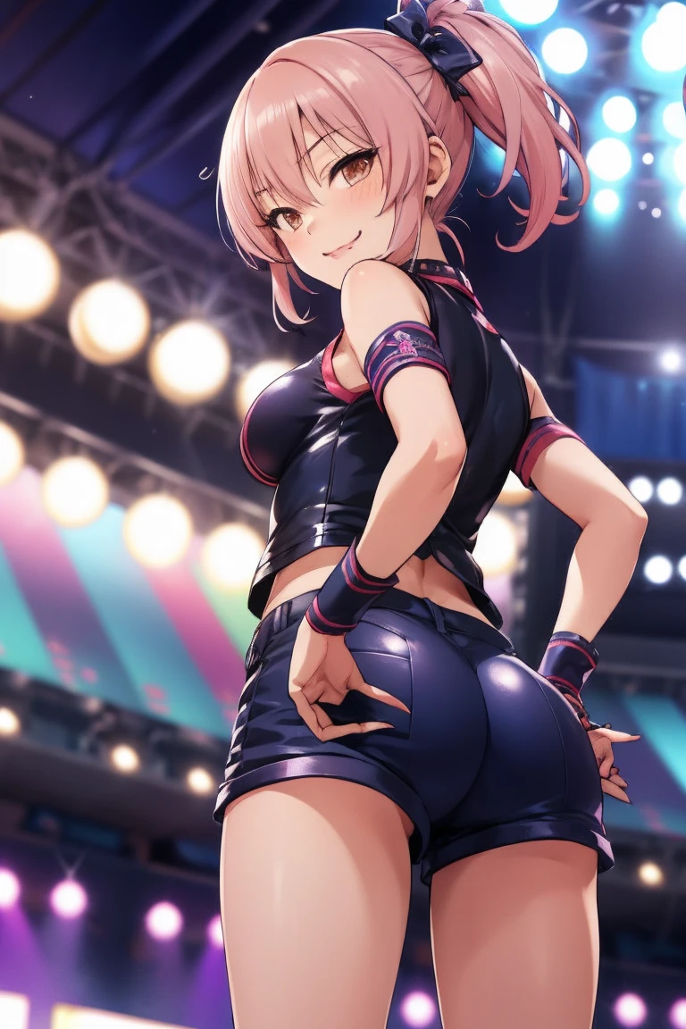 1girl,solo,cowboy shot, aamika, twintails, hair bow, idol clothes, choker, vest, wrist cuffs,, midriff,bike shorts,medium breasts,ass,from back
