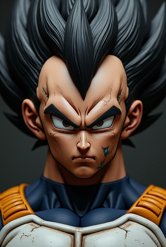 Vegeta's serious and bruised face from Dragon Ball , showing only from the shoulders up .