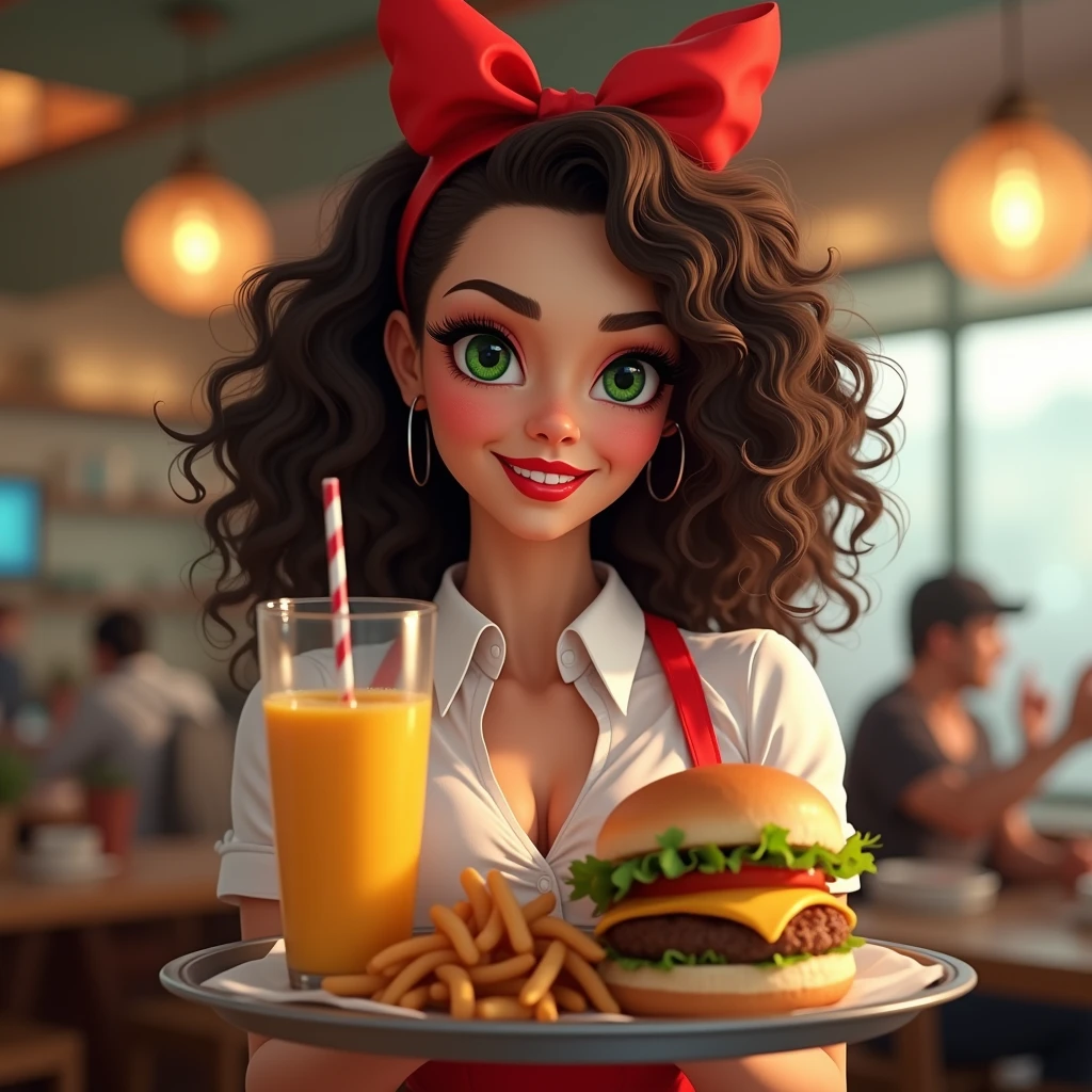 Beautiful cute Brazilian brunette with green eyes, very curly hair, fine nose, very discreet red lipstick, slightly-smile, rounded face, Dressed as a restaurant waitress, with a red bow matching the lipstick above the forehead going around the inside of the hair, with hands in front of him with a tray of burger and juice showing it to the camera, blurred restaurant background environment, high quality 4 k, camera 35mm